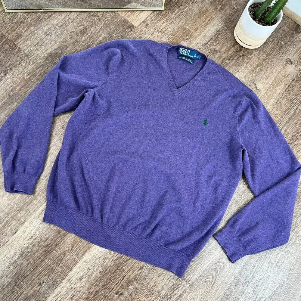Polo by Ralph Lauren Purple Pima Cotton V-Neck Sweater